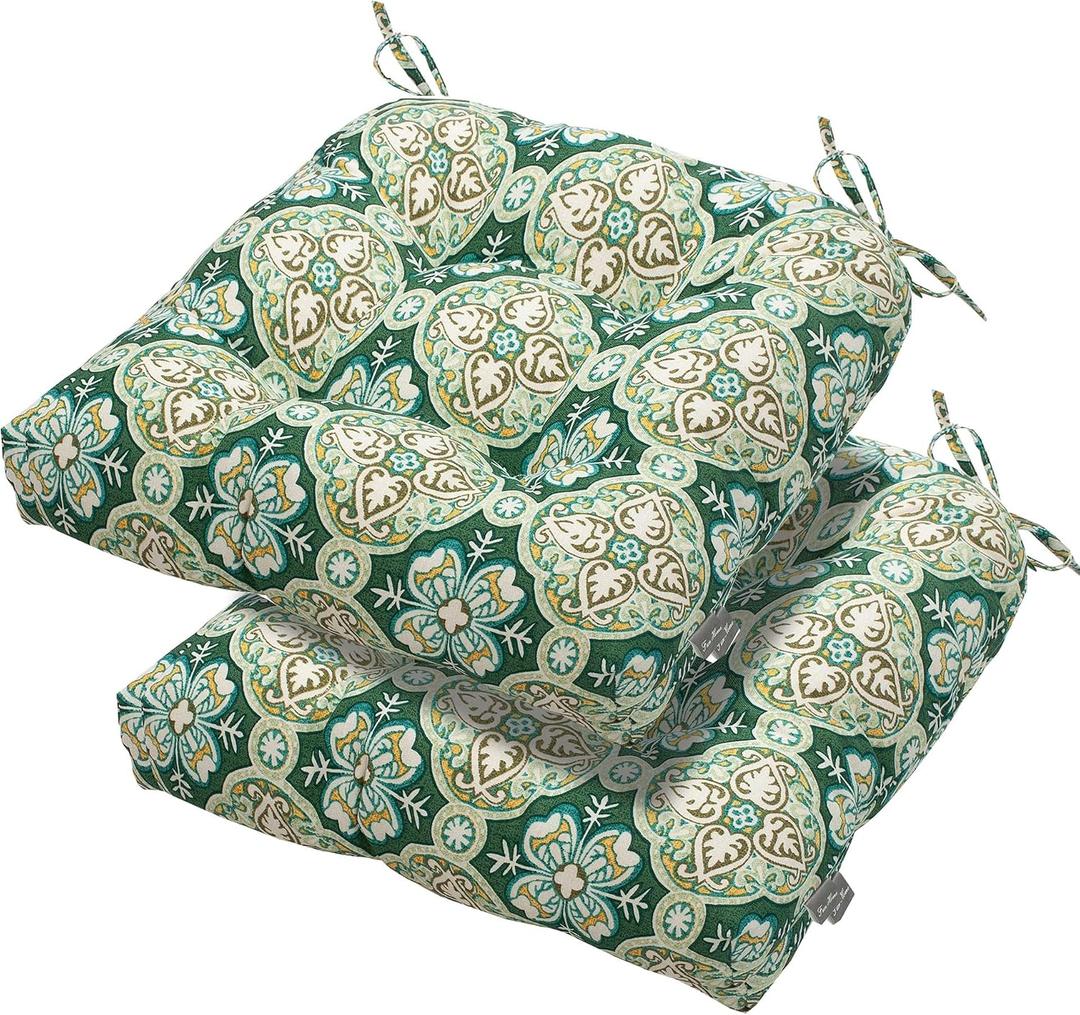 FUNHOME Set of 2 Outdoor Chair Cushions,Water-Resistant Tufted Seat Cushions for Patio Furniture,19 x 19 x 5 Inch, Patio Cushion for Rocking, Camping, Kitchen Chairs Green Medal
