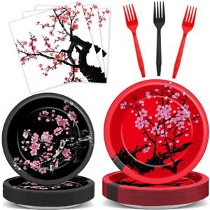 96Pcs Hibachi Party Decorations Chinese Japanese Cherry Blossom Tableware Sets Cherry Flowers Party Plates and Napkins for Hibachi New Year Spring Festival Wedding Supplies for 24 Guests