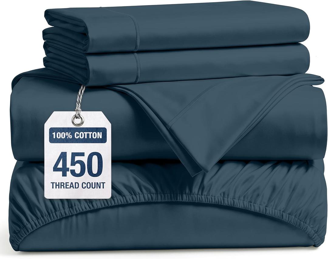LANE LINEN 100% Cotton Sheets Queen Size – 450 Thread Count Naturally Cooling Queen Bed Set, Durable Bedding for Daily Use, Luxury Sateen Finish, Snug Fit 15" Deep Pocket Fitted Sheet – Estate Blue