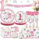 One Silly Goose Birthday Decor Girl Plates Set, Silly Goose First Birthday Decorations for Girl Balloons Banner Plates Napkins Cups Forks Tablecloth 25 Guests