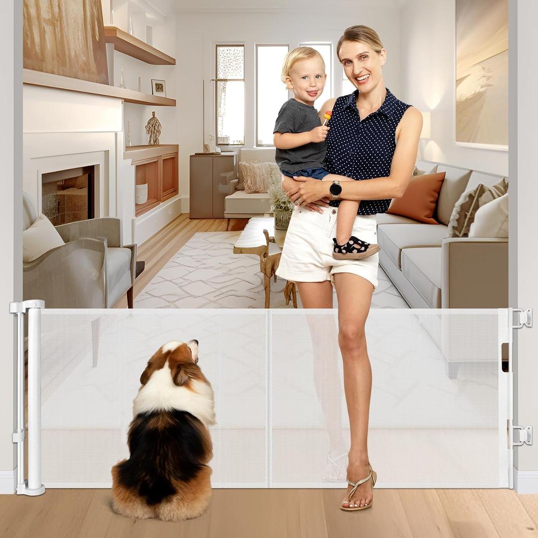 3 x Reinforced 28 Inch Tall Retractable Baby Gates for Dogs, Easy Step Over Pet Gate with Support Rods, 55" Wide Retractable Dog Gate, Puppy Gates for The House Short Dog Gate for Stairs, Doorways, White