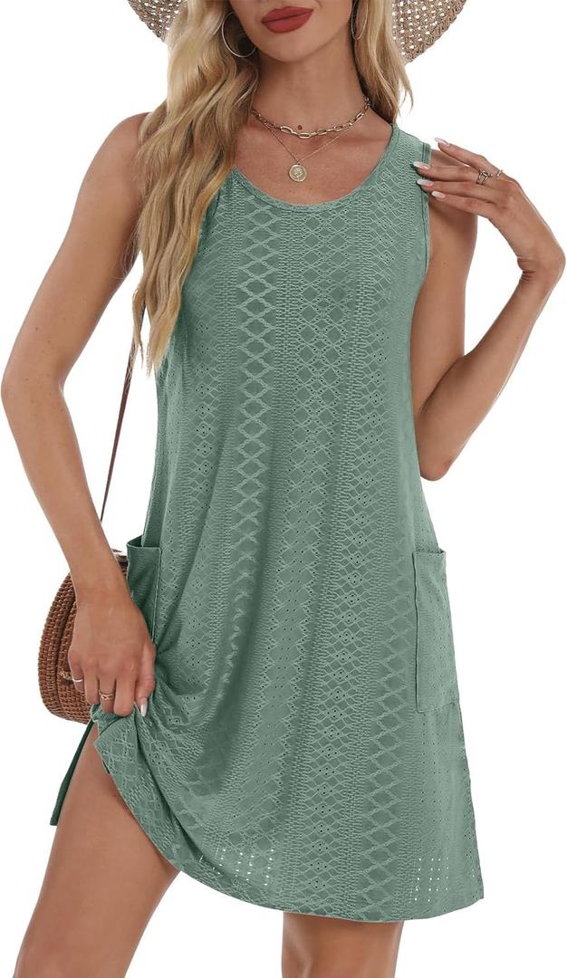 BKRIVE Coverup Summer Dresses for Women 2026 Eyelet Casual Loose Sleeveless Sundresses Tank Dresses with Pockets (Large, Bright Green)