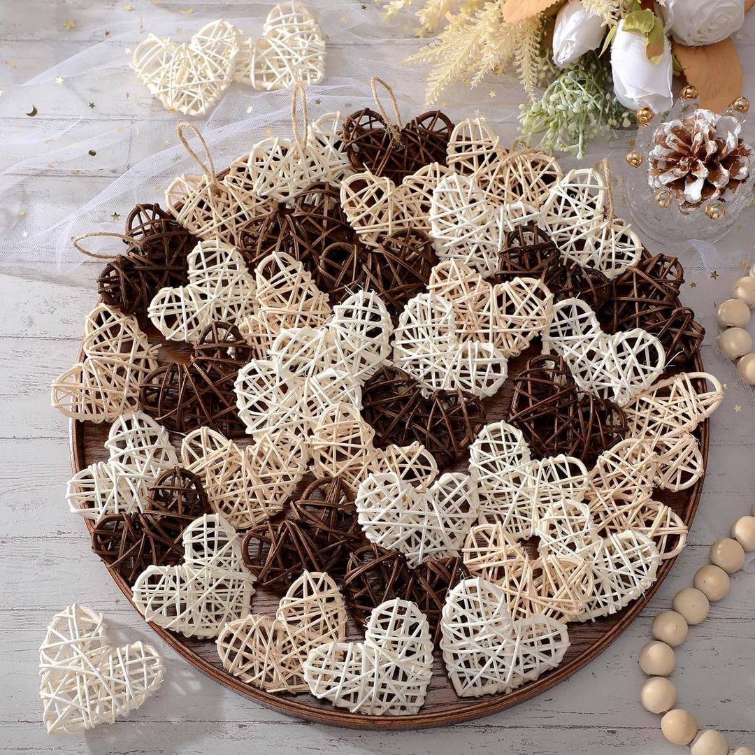 Vercraft 36 Pcs Neutral Valentine's Day Heart Ornaments Boho Rattan Wicker Hearts 2.36 Inch Rustic Primitive Valentine Vase Bowl Fillers Farmhouse Valentines Decorations for Tree Home Table Crafts (White, Cream, Dark Brown)