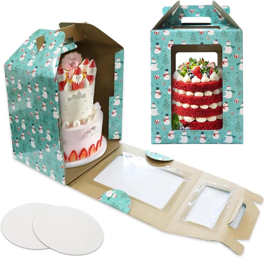 Tall Cake Box with Windows 10x10x12 Inch, 2 Pack Christmas Tiered Cake Boxes with Cake Boards,Tiered Cake Carrier Container with Handle for Wedding,Birthday,Party,Bakery Supplies (Blue)
