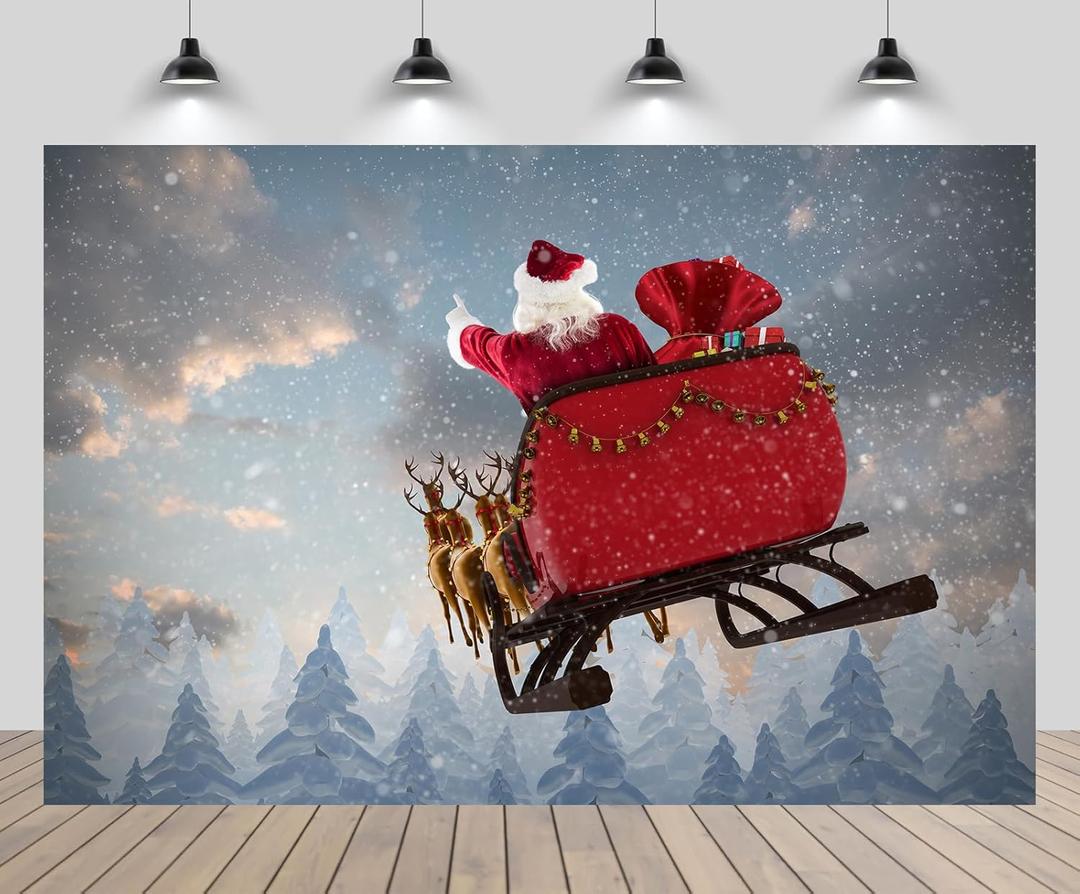 7x5ft Santa Claus Backdrop Santa Claus Riding Sleigh Reindeer Gift Box Snowing Forest Snowflake Background Xmas Eve New Year Party Decorations Portrait Shoot Photo Props Wallpaper