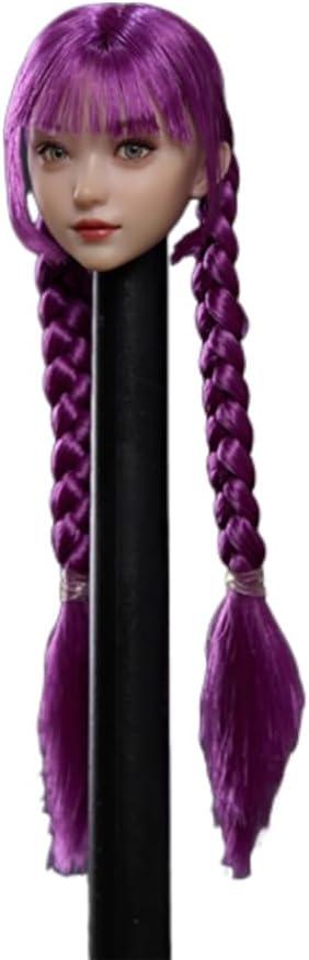 1/6 Scale Female Head Sculpt Asian Young Big Movable Eyes Purple Double Twist Braid Head for 12inch Phicen, TBLeague Action Figure Body Collection