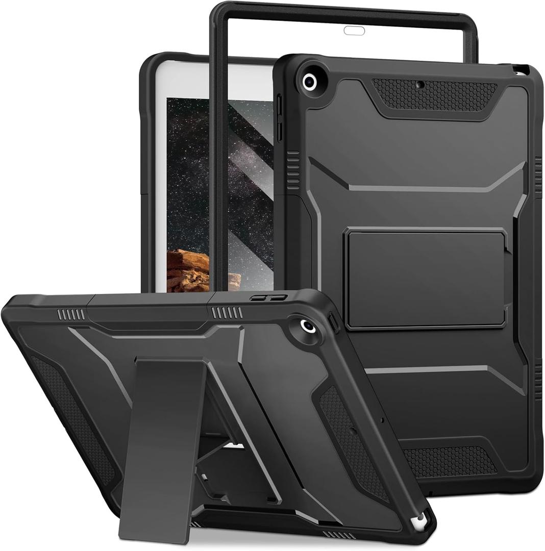 for iPad 9th/8th/7th Generation 10.2 Inch Case 2021/2020/2019, Built-in Screen Protector, Durable Shockproof Full Body Protective Cover with Kickstand for iPad 10.2", Black