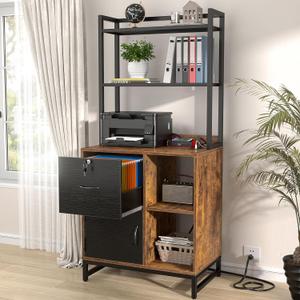 Homieasy Vertical Filing Cabinet with Bookshelf for Home Office, File Cabinet with Shelves, Lock & Charging Station, Drawer Office File Cabinets with Printer Stand, fits Letter Size, Rustic Brown, Large
