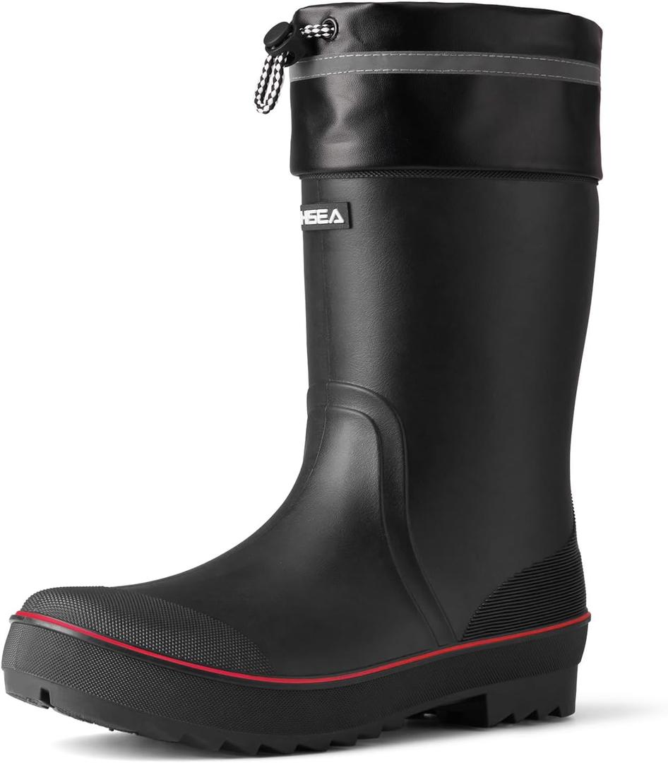 HISEA Men's Rubber Rain Boots Waterproof Durable Non Slip Mid Calf Boots for Garden Fishing Outdoor with Adjustable Closure (9, Black W/Redtrim)