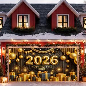 Happy New Year Banner 13x6ft New Year Eve Celebration 2026 Garage Door Banner Elegant Black and Gold Backdrop New Year's Eve Garage Door Cover Decoration for Celebration Party Indoor Outdoor House Wall Background