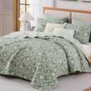 BLOOMHAVEN Quilt Set Queen Size, Green Floral Quilt Sets, Reversible Bedspread Lightweight and Breathable for All Seasons, Soft Quilted Bedspread with 2 Pillow Shams
