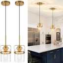 Modern Brass Pendant Lights Kitchen Island Light, Adjustable Hanging Light Fixture with Clear Glass Shade, Farmhouse Pendant Light for Dining Room Bar Over Sink/Table/Counter, 2 Pack