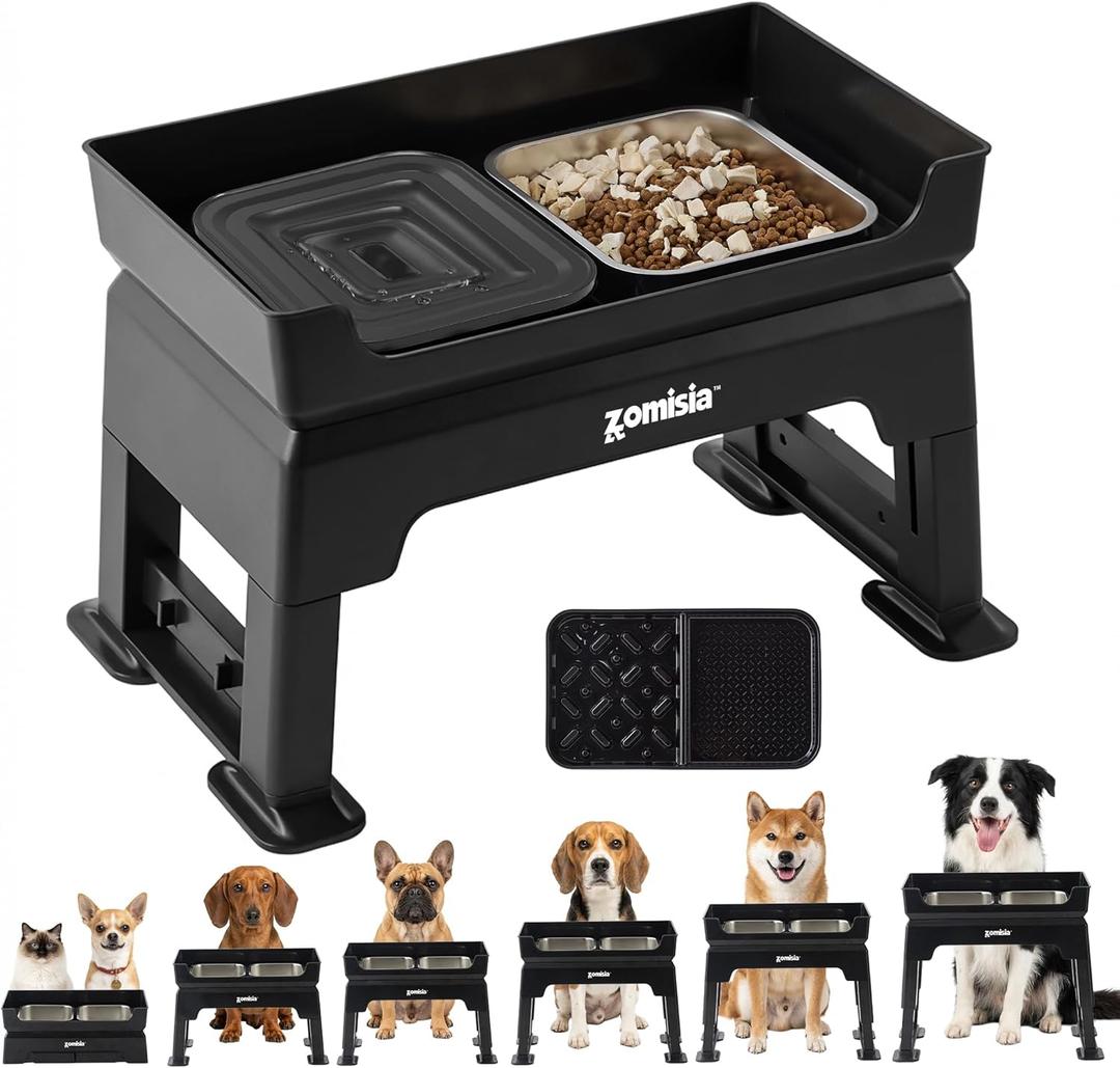 ZOMISIA 3-in-1 Raised Dog Bowl - 6 Height Adjustable Elevated Dog Bowls, Double Deck Design Mess Proof, Feeding Station with 2L No Spill Stainless Steel Bowls & Licking Plate for Medium Large Pets