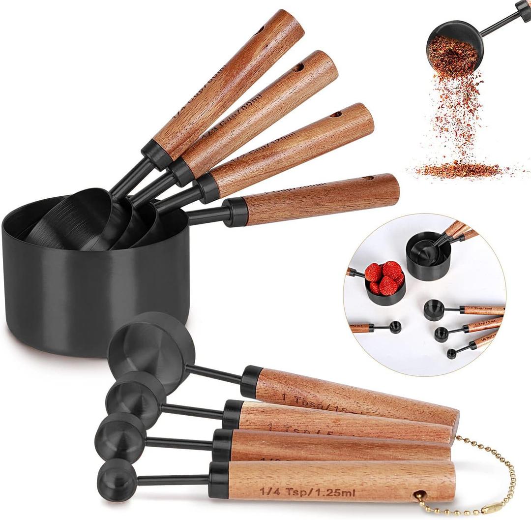 8-Piece Black Measuring Cups and Spoons Set, Stainless Steel Kitchen Measuring Set with Acacia Wood Handles for Baking and Cooking