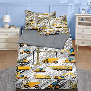 Nesker Twin Zipper Bedding, Excavator Tractor Zipper Bedding Sets for Boys, 3pcs All in on one, Yellow Truck Engineering Car Kids Comforter Set with Fitted Sheet and 2 Pillowcases
