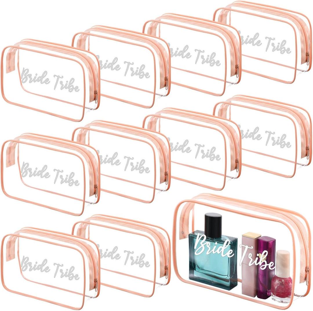 Amylove 10 Pcs Bridesmaid Makeup Bag for Bridal Party Gifts Clear Makeup Bags Toiletry Bridesmaid Proposal Gift Cosmetic travel Cosmetic Bag for Wedding Bachelorette Party Favor(Pink)