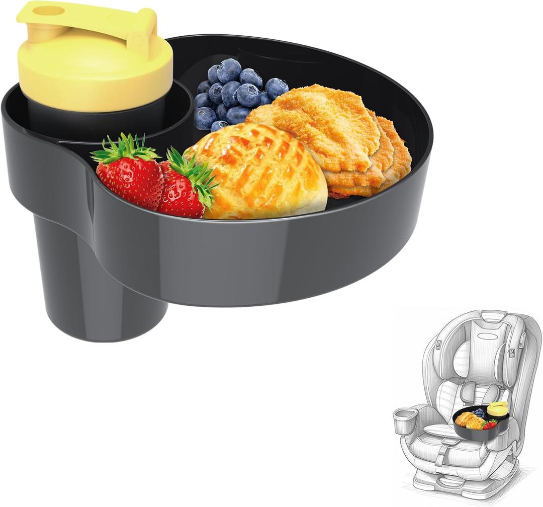 Car Seat Cup Holder for Kids - Kids Travel Tray with Snack Tray, CarSeats Snack Trays for Toddler, Car Cup Holder for Safety Seats, Fits Stroller & Booster (black)