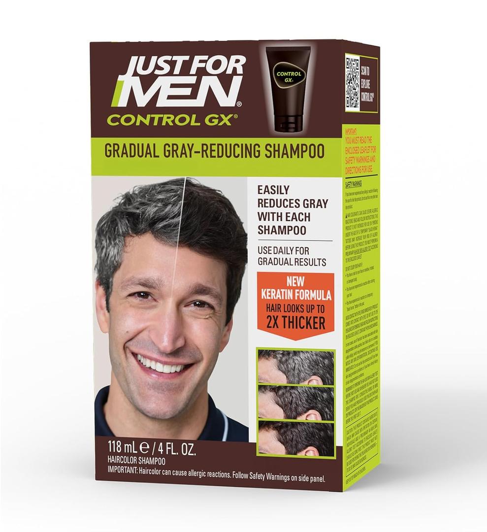 Just for Men Control GX Grey Reducing Shampoo, Gradual Hair Color with Keratin for Stronger Thicker and Healthier Looking Hair, 4 Fl Oz - Pack of 1 