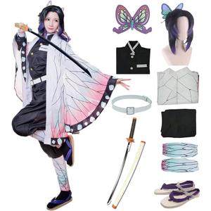 Full Set Halloween Costume Kochou Shinobu Party Role Cosplay Costume Kimono Outfit W/Shoes Wig Sword, M