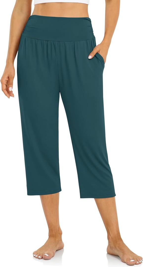 UEU Women's Capri Pants Summer Loose Yoga Pants Comfy Workout Cropprd Pants with Pockets (X-Large, Malachite Green)