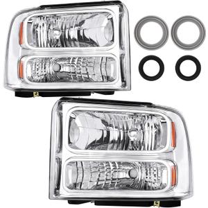Headlight Assembly Compatible with 2005-2007 2005 2006 2007 05 06 07 Ford F250 F350 F450 F550 Super Duty/2005 Ford Excursion (Chrome Housing Amber Reflector) (OEM)