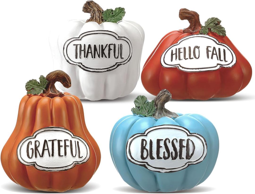 Bucherry Set of 4 Thanksgiving Pumpkins Fall Table Decor for Home Table Centerpieces, Harvest Autumn Resin Pumpkin Figurines Indoor Tabletop Centerpieces Decorative for Dining Room Shelf Decoration
