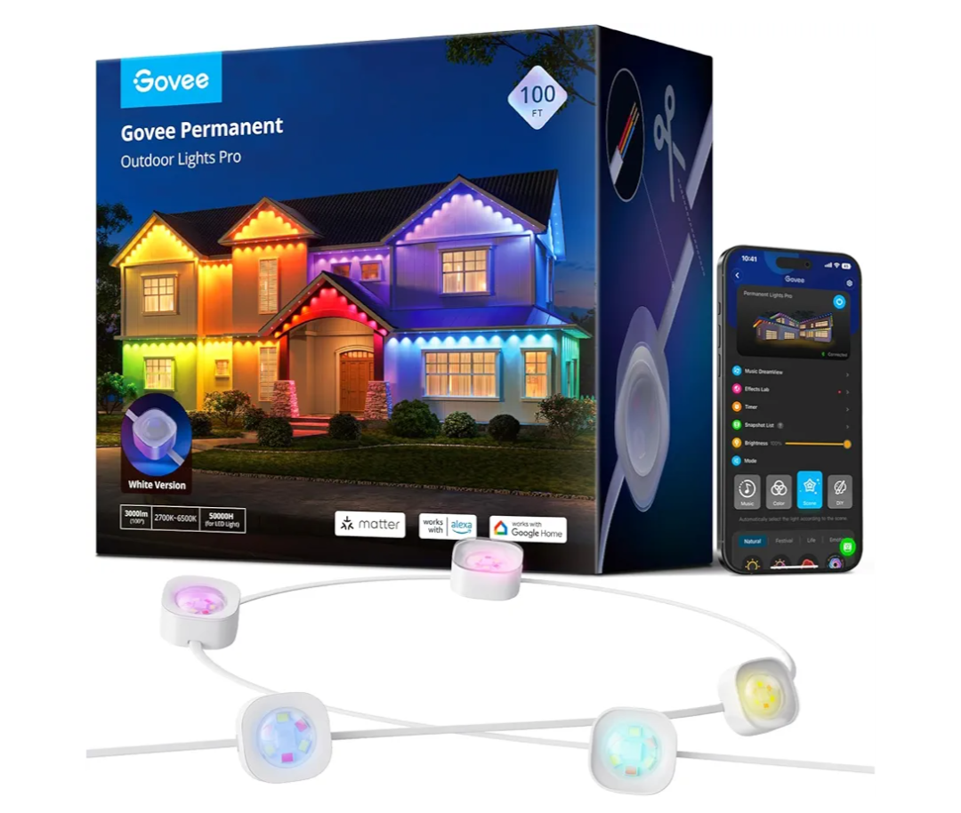 Govee Permanent Outdoor Lights Pro, 100ft with 60 RGBIC LED Lights for Daily and Accent Lighting, 75 Scene Modes for Outdoor Decor, IP67 Waterproof, Works with Alexa, Google Assistant, Matter, White