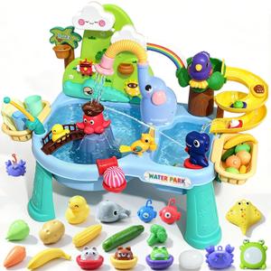 Upgraded Water Table for Toddlers Toy Set, 4-in-1 Kids Sensory Sand Table with Electric Water Pump Elephant Rain Shower Sprinkler, Summer Birthday Gift STEM Fishing for Boys Girls Ages 3 4 5 6 7