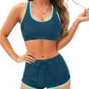Tempt Me Women Two Piece Sports Bikini Athletic Swimsuits Racerback Crop Top with Boy Shorts Bathing Suits for Girls Vests (Small, Teal Green)