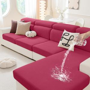 hyha Waterproof Sectional Couch Covers, Against Spills, Sofa Seat Slicovers Washable, Thick Elastic Jacquard Fabric, L Shape Couch Cushion Covers for Dogs Pets (1 Piece for Chaise, Wine Red)