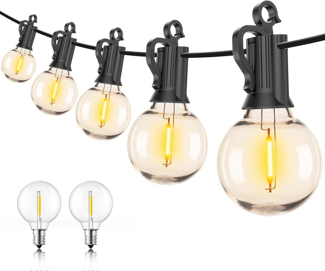 Outdoor String Lights  50ft Connectable Patio Lights with 52 G40 LED Plastic Bulbs (2 Spare) Outside Vintage Hanging Light for Backyard Bistro Balcony Porch Party Wedding, E12, 2200K, Black