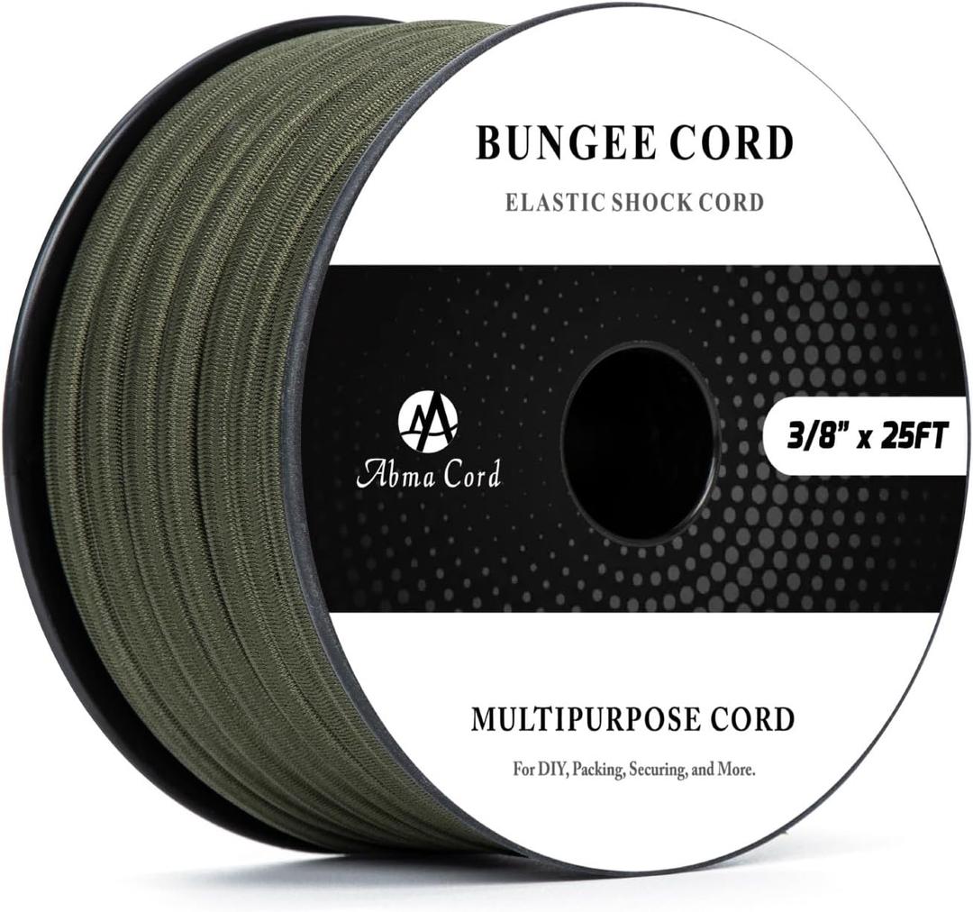 Abma Cord Bungee Cord 3/8in x 25ft Elastic Shock Cord 100% Stretch Elastic Bungee Rope for Tarpaulin, Trailer, Backpack, Tent Pole, Kayak - Black