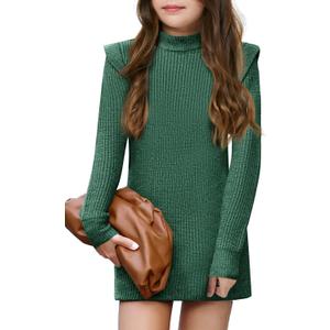 Haloumoning Girls Long Sleeve Sweater Dress Kids Casual Crewneck Knitted Pullover Jumpers 5-14 Years (7-8 Years, Green)