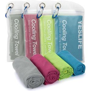 YESLIFE 4 Pack Cooling Towel 40"x12", Gym Towels for Men and Women, Soft Breathable Workout Towels for Yoga, Running, Sport, & More (Blue, Grey, Green, Pink)