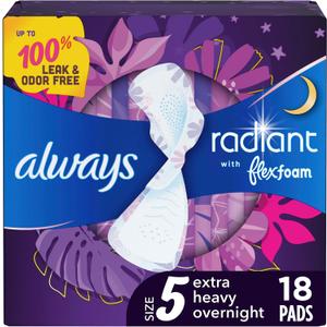 Always Radiant Flexfoam Pads for Women, Size 5, Extra Heavy Overnight Absorbency, With Wings, Scented, 18 Count