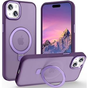 Magnetic for iPhone 15 Plus Case with Ring Stand, [10 FT Drop Protection] [Velvety Touch] Slim Translucent Matte Back Shockproof Phone Case for iPhone 15 Plus 6.7'', Dark Purple