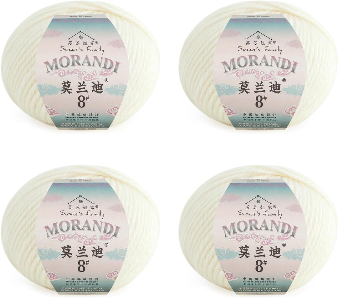 Susans Family Molandi #8 100% Merino Wool Yarn, 3-Ply Luxurious and Soft Yarn for Hand Knitting & Crocheting, 7.05 oz, 328 Yards, Ideal for Scarves, Hats & Blankets (39#Whisper White)