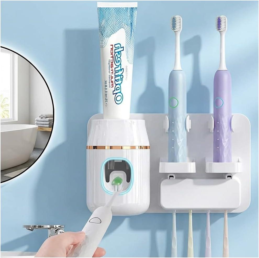 Toothpaste Dispenser Wall Mounted, Automatic Toothpaste Dispenser for Kids, Toothbrush Dispenser for Bathroom with 4 Toothbrush Slots (Toothbrush Holder + 3pcs Cotton Swab Holder-2, Black)