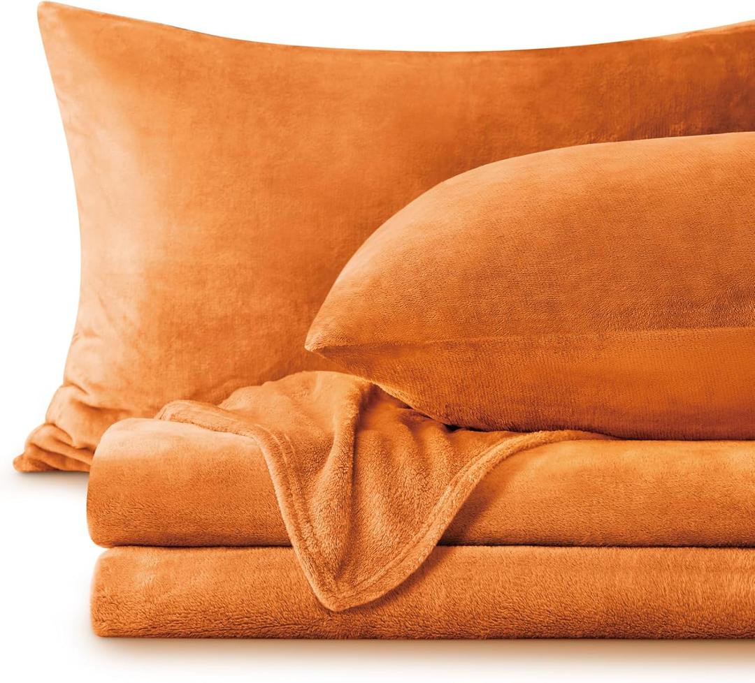 BEDELITE Flannel Sheets King Size Burnt Orange - Super Soft Fleece Sheets Set Fluffy Extra Plush, 4 Piece(Include Fitted Sheet, Flat Sheet, 2 Pillowcases)
