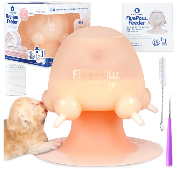Race&Herd FivePaw Puppy Feeders Milk Nursing Bottle for 5 Puppies – Silicone Nipple Bottle for Newborn Pets – Multi-Pup Nursing Station Puppy Feeder with Nipples (12.8 fl oz, Natural)