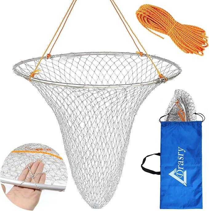 Drasry Foldable Bridge and Pier Fishing Landing Net - High Load-Bearing Aluminum Ring Drop Net for Saltwater Freshwater - Collapsible Basket With 49.2 FT Rope (23.6*23.6*27.5 IN)