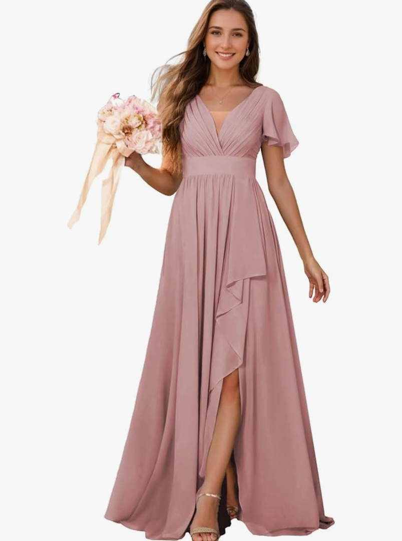 Red Bridesmaid Dresses with Sleeves for Women V Neck Ruched Long Slit Party Gowns , Size 12