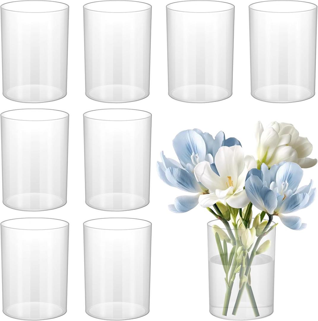 9 Pack Clear Plastic Cylinder Vase  4.1 Inch Acrylic Flower Vase Bulk, Small Round Wide Mouth Containers for Centerpieces, Home, Office, Wedding Decor (3 Diameter)