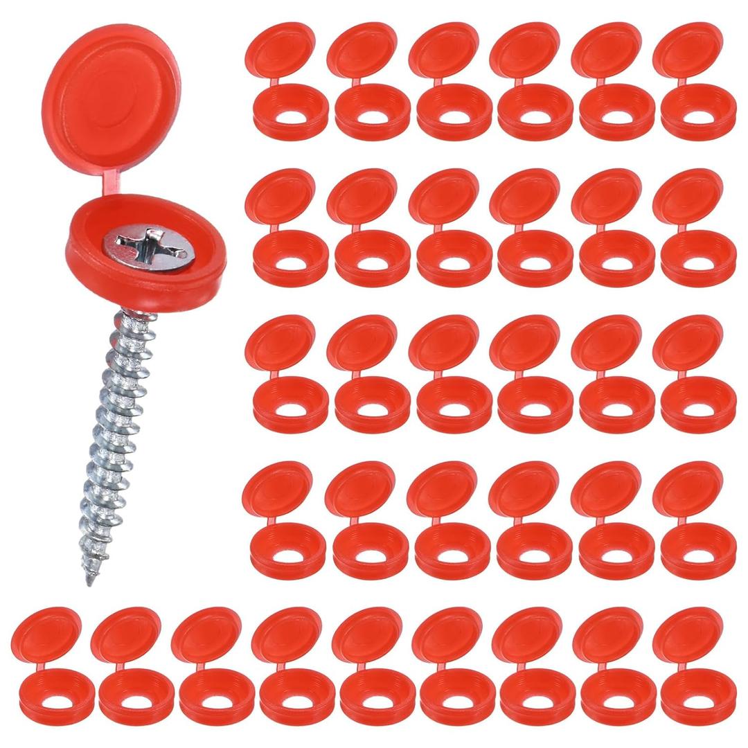 100-Pack Plastic Hinged Screw Cover Caps, 5mm Shutter Screws with Caps, Fold Snap Washer Covers, Washer Flip Protection Covering M3 M4 M5 Screws Heads [Red]
