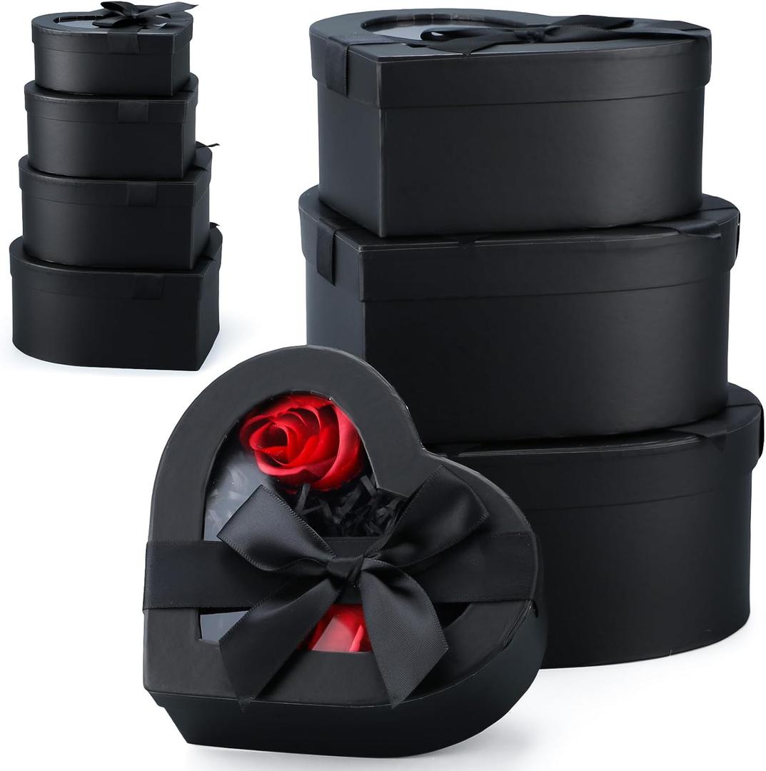 4 Pcs Mother's Day Flower Boxes Heart Shaped Boxes Floral Gift Assorted Sizes with Transparent Window Lids and Ribbons for Luxury Flower Gift Arrangements Wedding(Black)