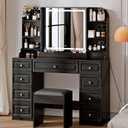 43" Makeup Vanity Desk with Mirror and Lights, & Power Outl, Glass Top Big Vanity Table with 9 Drawers& 8 Storage Shelves, Dressing Table Set with Chair for Bedroom, Black (15.75D*43.31W*57.48H)