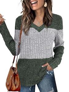 Womens Tops Fall Fashion Sweatshirts for Women V Neck Long Sleeve Sweaters Lightweight Dressy Casual Pullover Green (X-Large)