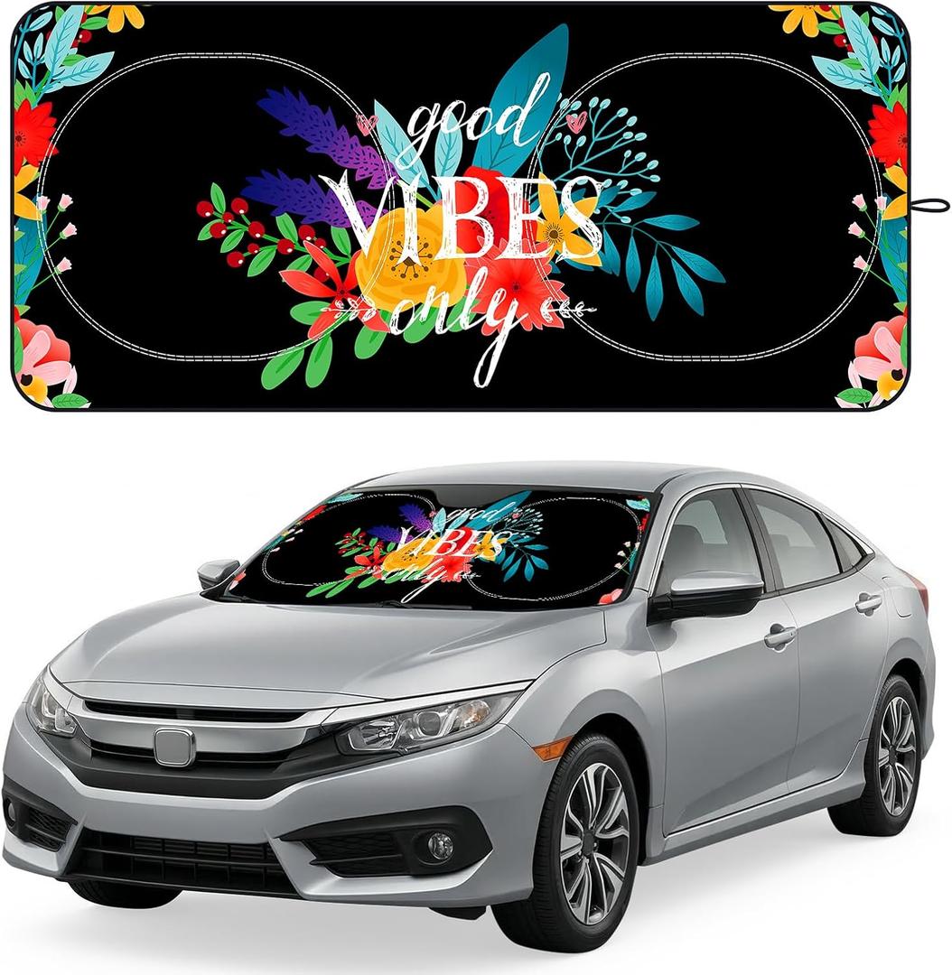 Windshield Sun Shade for Car, 63"x28.5" Stylish Printed Front Window Sunshade with Double Steel Ring Frame, Universal Fit Foldable Heat Blocker & UV Protector, with Storage Pouch (Flowers)