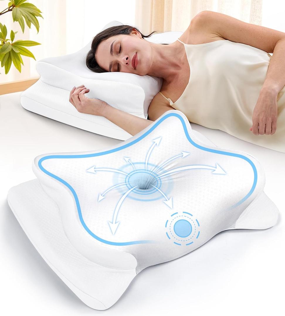 Cervical Neck Pillow for Pain Relief, Beauty Sleeping Cooling Pillow for Side Back Stomach Sleeper, Odorless Memory Foam Bed Pillows Deep Sleep,Ergonomic Orthopedic Neck Support Light White