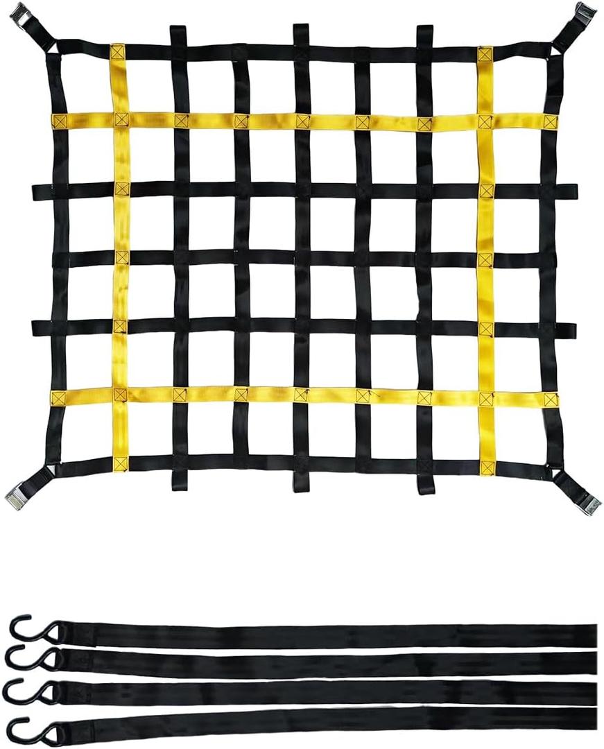 Heavy Duty Cargo Net, 4.2 x 3.5 ft, 1100 lb Capacity, with 18 ft Bungee Cord and S-Hooks (Black Yellow, 4.2' x 3.5')
